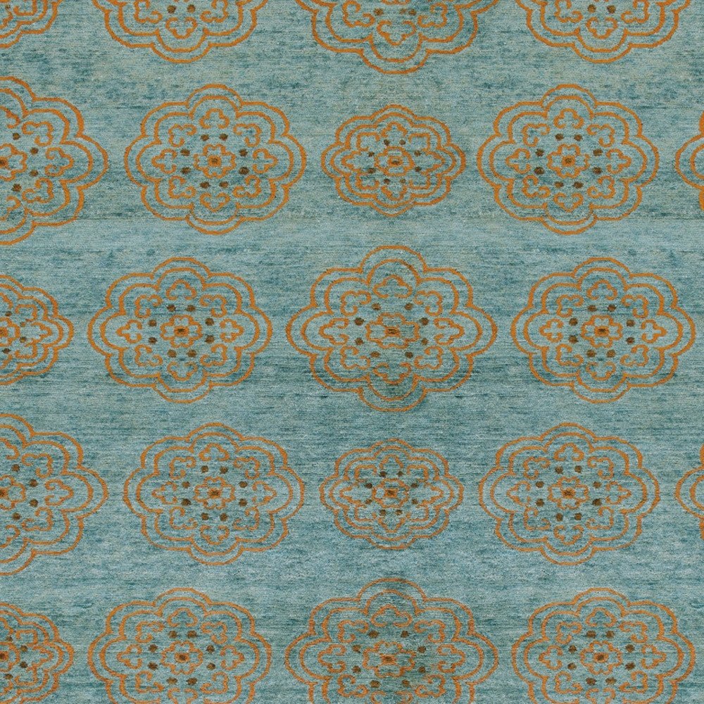 4' X 6' Green Blue and Taupe Floral Hand Knotted Worn Faded Area Rug