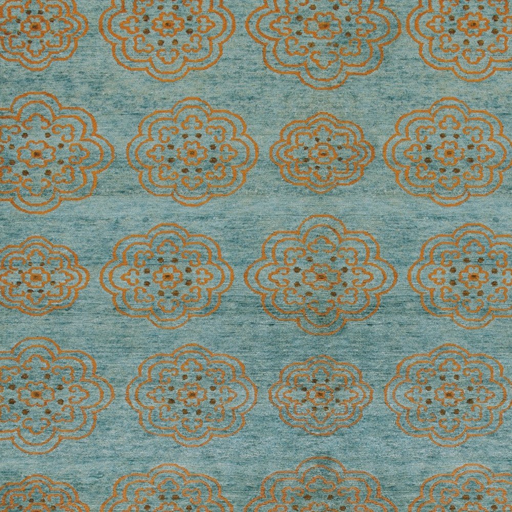 4' X 6' Green Blue and Taupe Floral Hand Knotted Worn Faded Area Rug
