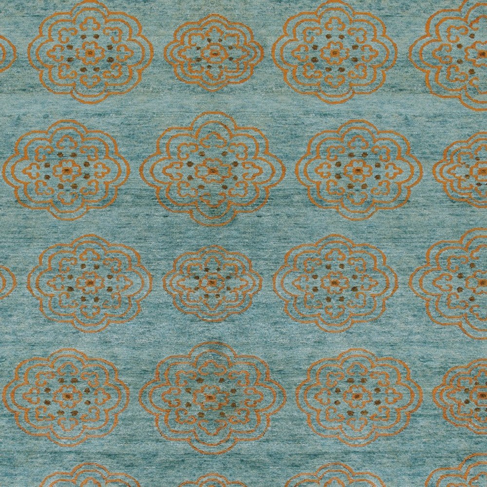 4' X 6' Green Blue and Taupe Floral Hand Knotted Worn Faded Area Rug