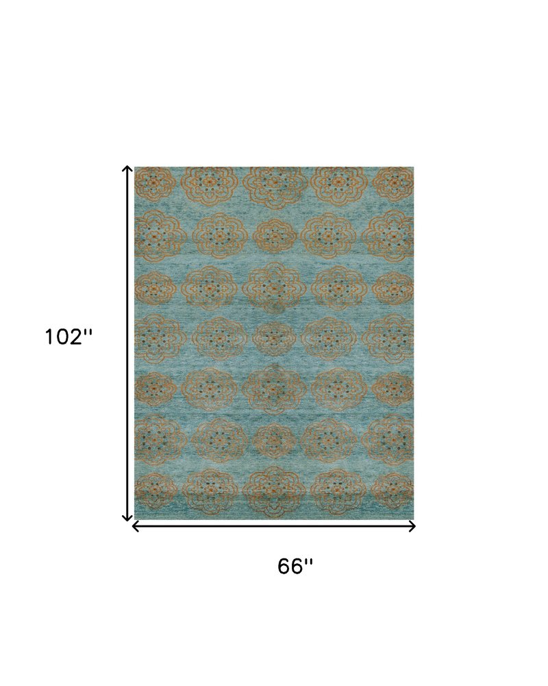 4' X 6' Green Blue and Taupe Floral Hand Knotted Worn Faded Area Rug