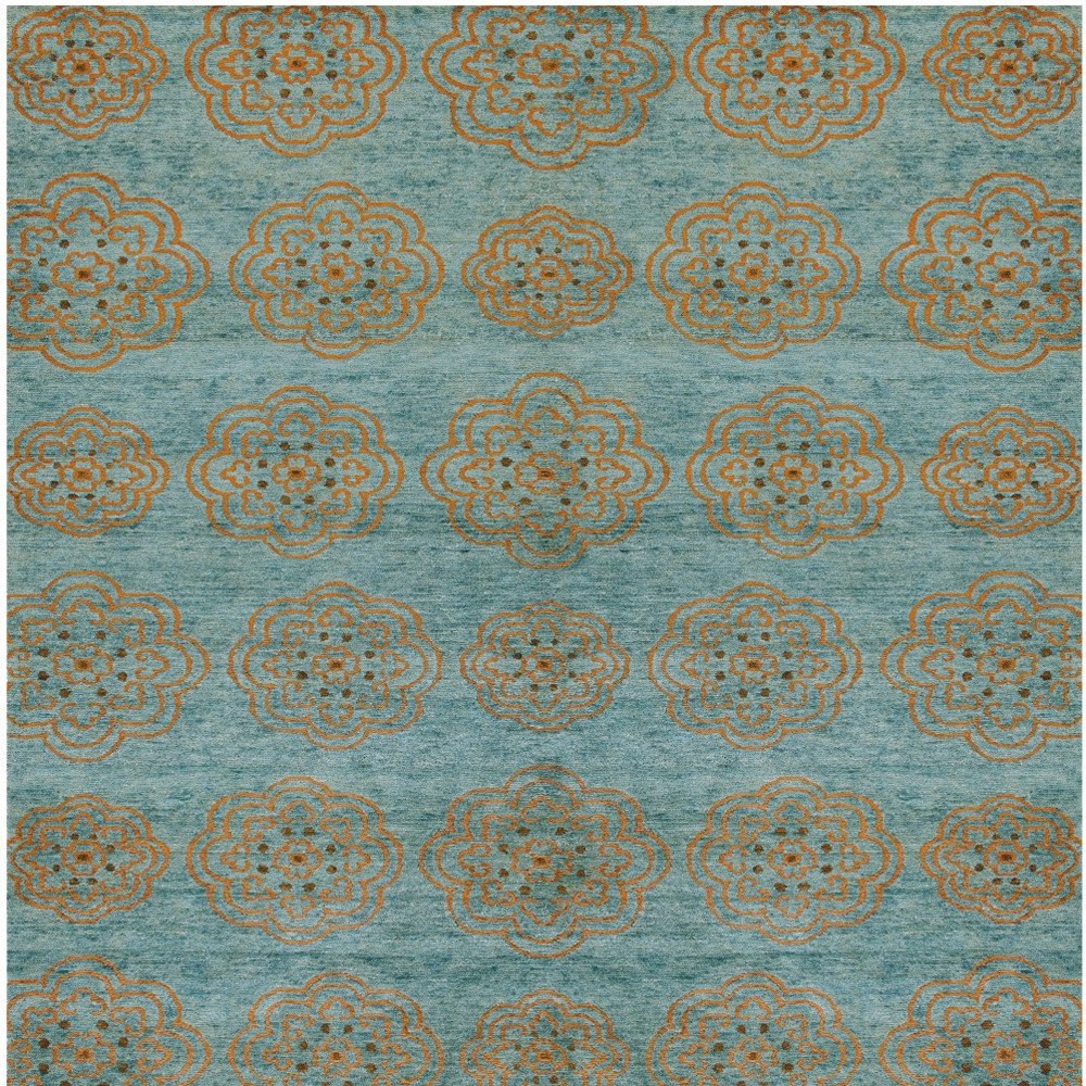 4' X 6' Green Blue and Taupe Floral Hand Knotted Worn Faded Area Rug