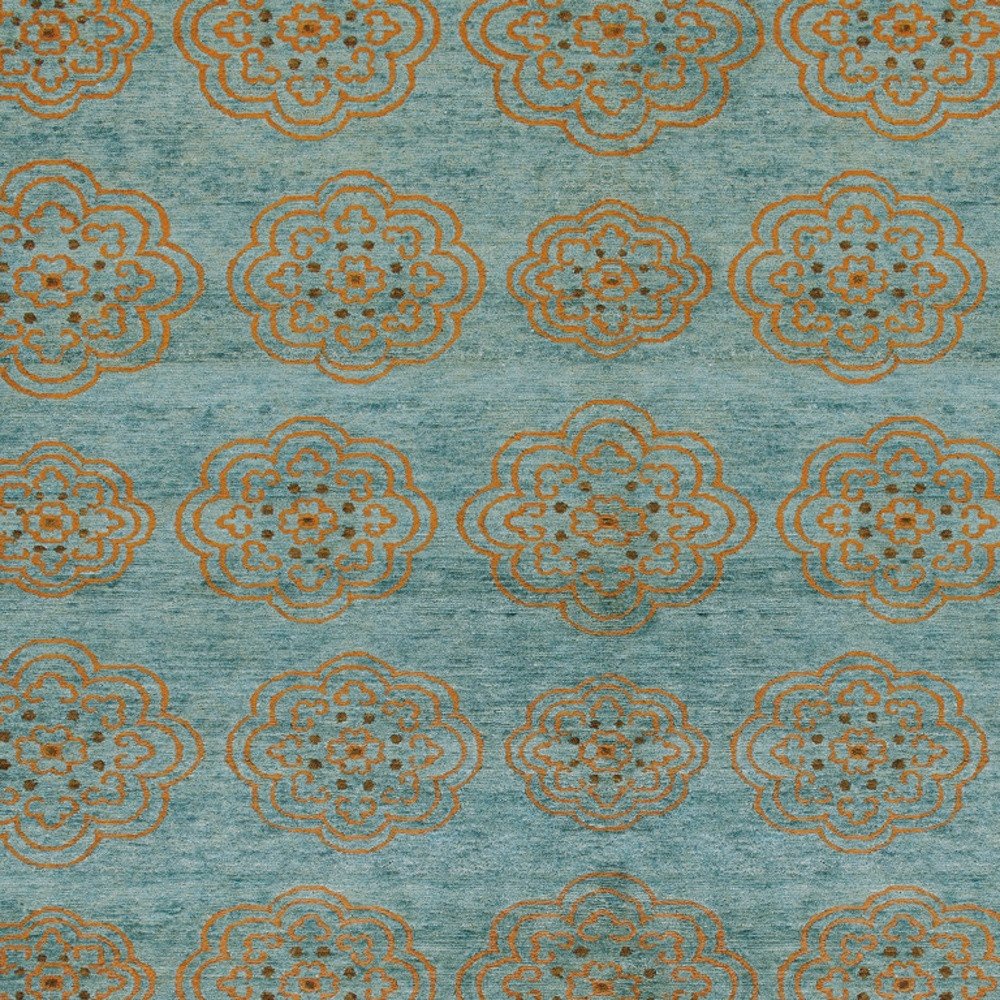 4' X 6' Green Blue and Taupe Floral Hand Knotted Worn Faded Area Rug