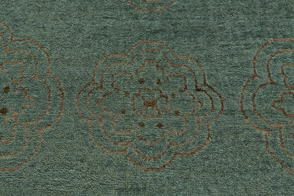 4' X 6' Green Blue and Taupe Floral Hand Knotted Worn Faded Area Rug