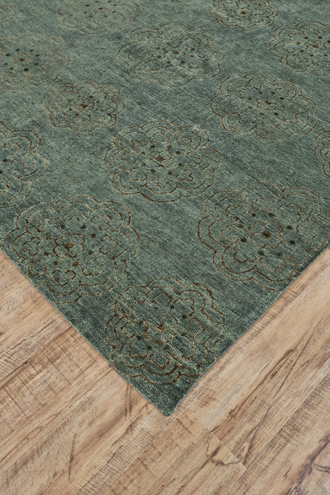 4' X 6' Green Blue and Taupe Floral Hand Knotted Worn Faded Area Rug