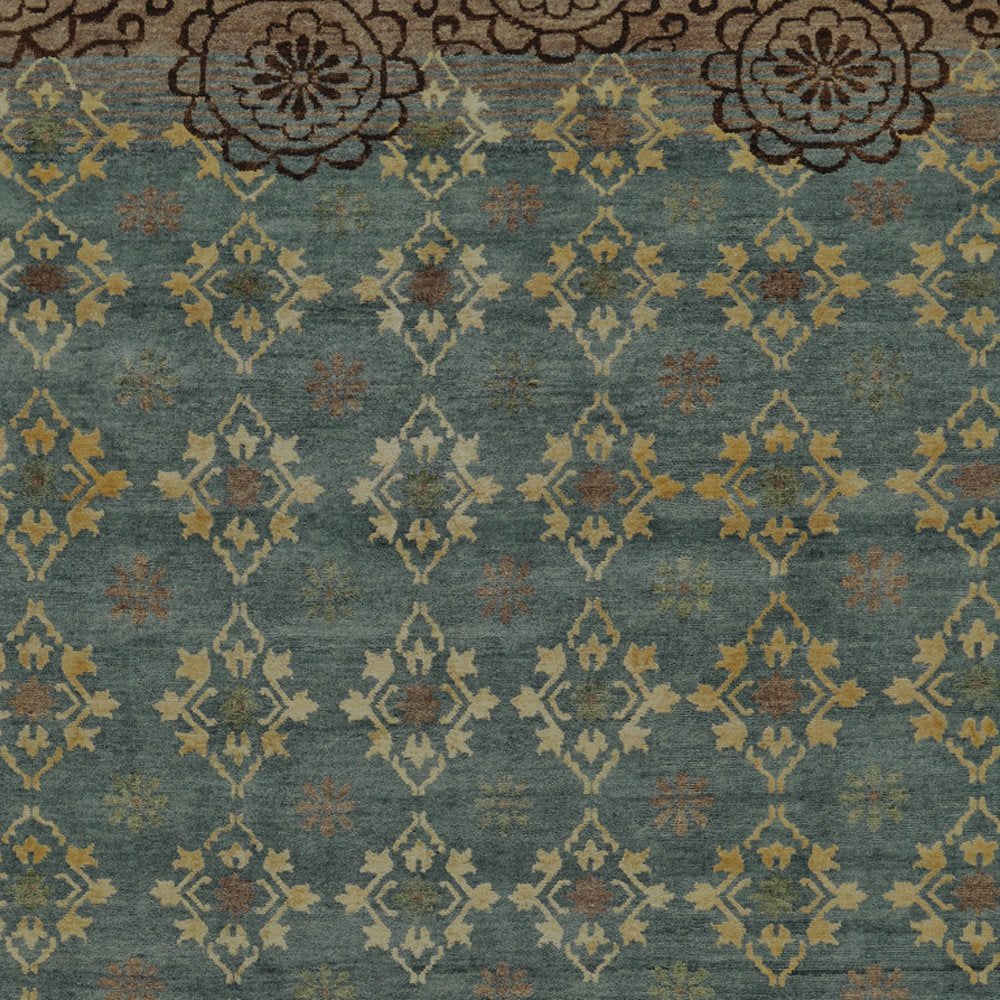 6' X 9' Green Blue and Brown Floral Hand Knotted Area Rug