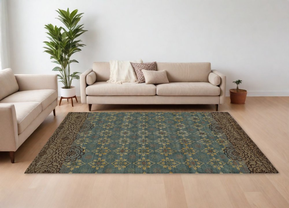 6' X 9' Green Blue and Brown Floral Hand Knotted Area Rug