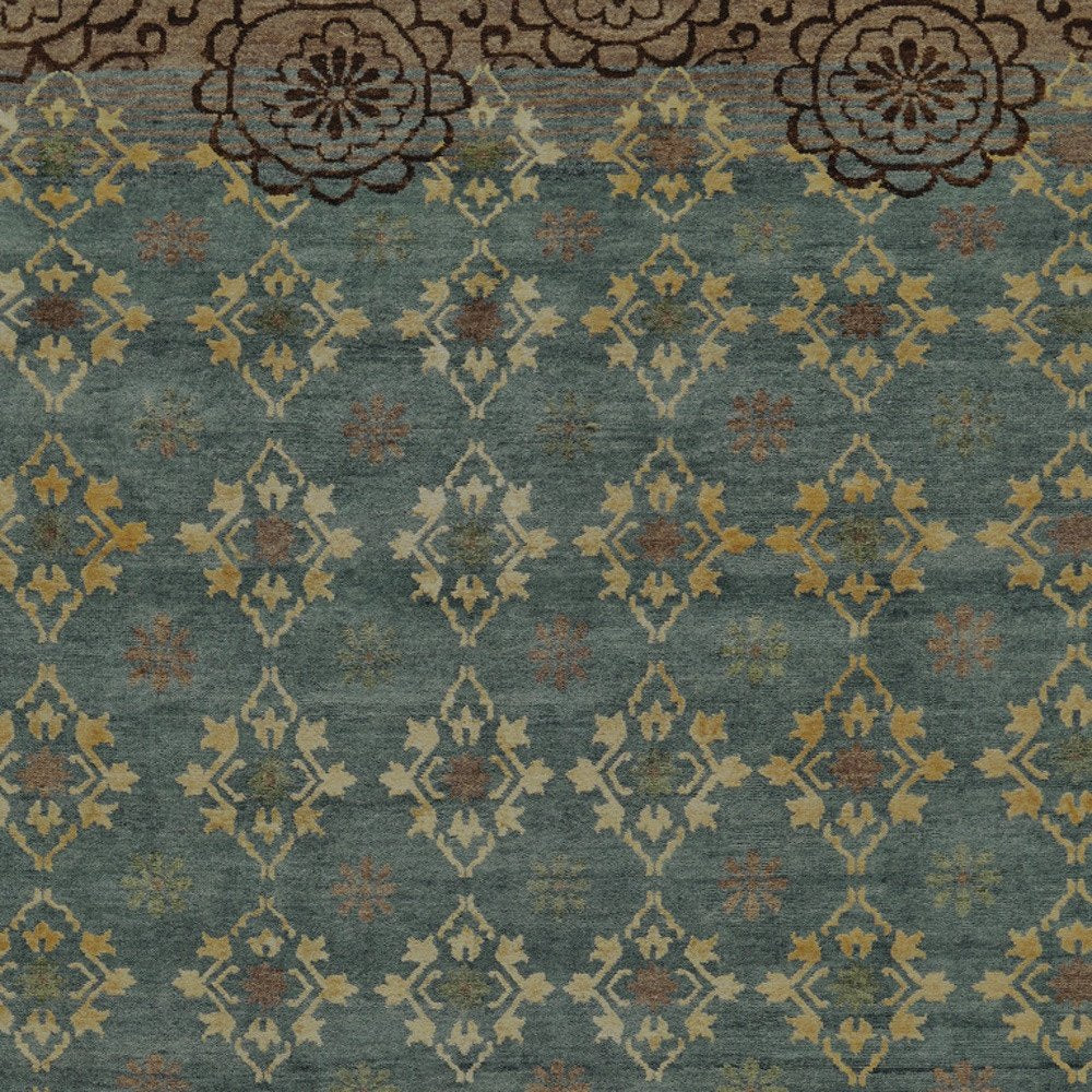 6' X 9' Green Blue and Brown Floral Hand Knotted Area Rug