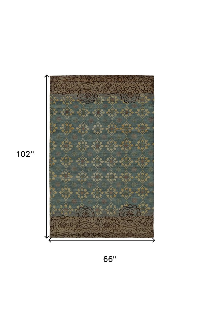 6' X 9' Green Blue and Brown Floral Hand Knotted Area Rug