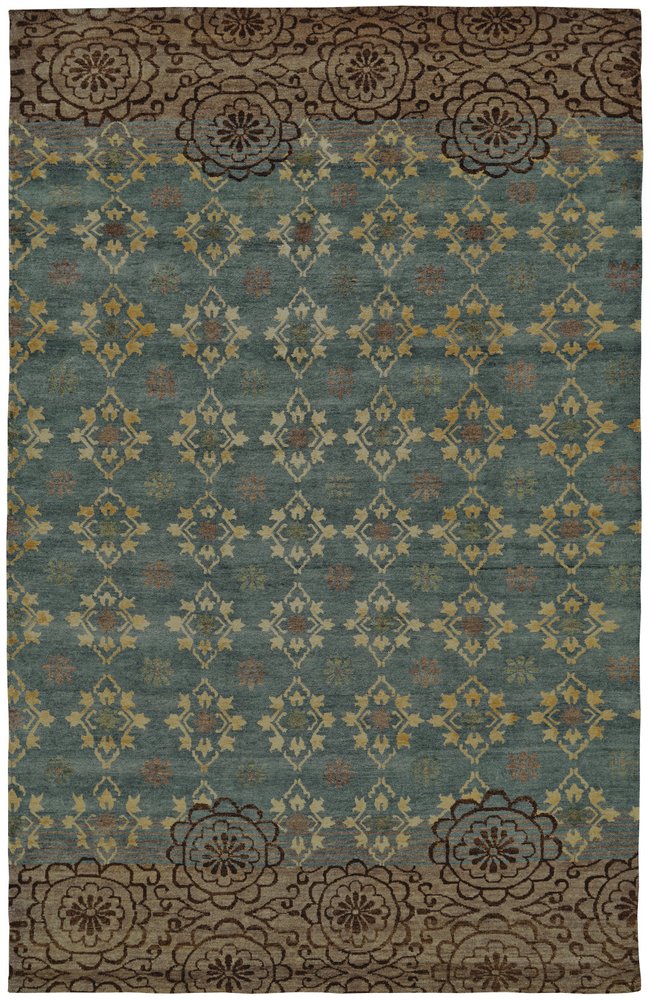 6' X 9' Green Blue and Brown Floral Hand Knotted Area Rug