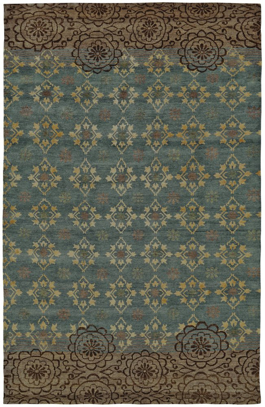 6' X 9' Green Blue and Brown Floral Hand Knotted Area Rug