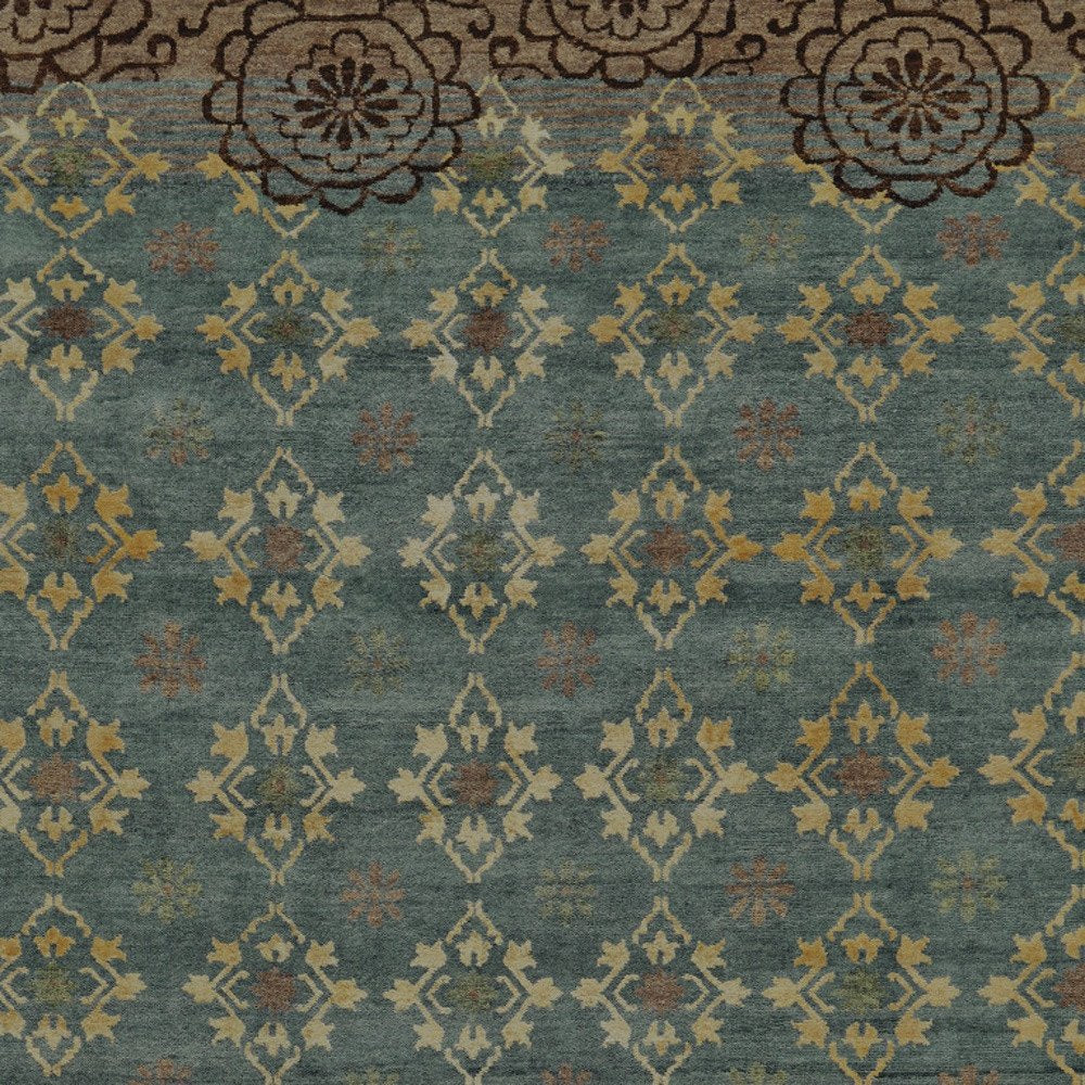 6' X 9' Green Blue and Brown Floral Hand Knotted Area Rug