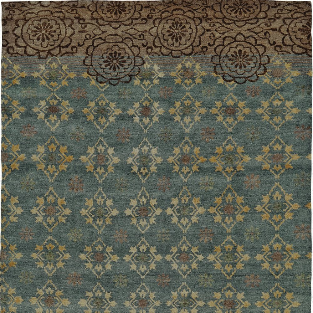 6' X 9' Green Blue and Brown Floral Hand Knotted Area Rug