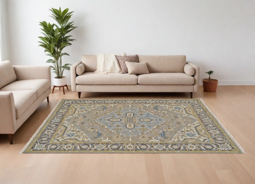 6' X 9' Blue Taupe and Tan Wool Oriental Hand Knotted Area Rug