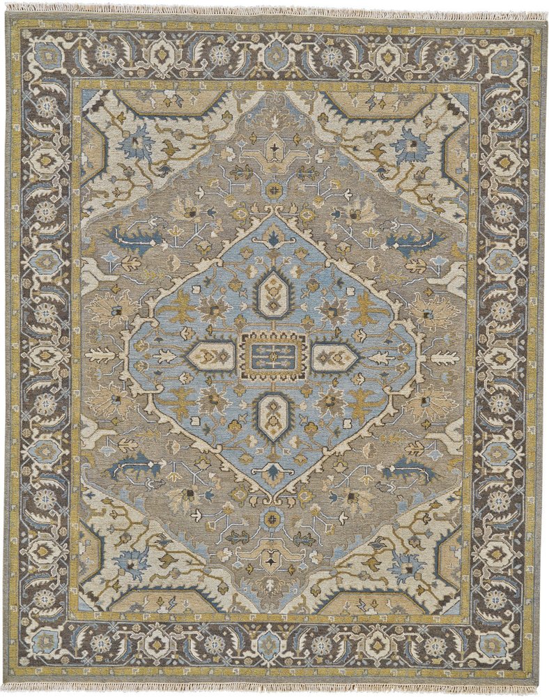 6' X 9' Blue Taupe and Tan Wool Oriental Hand Knotted Area Rug