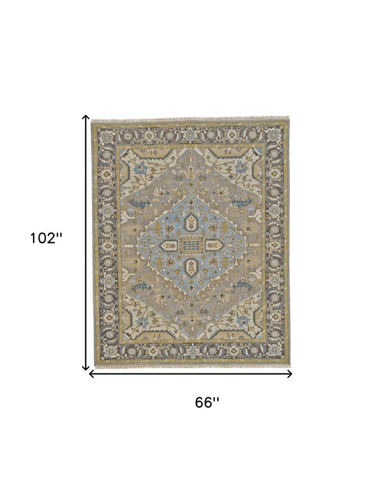 6' X 9' Blue Taupe and Tan Wool Oriental Hand Knotted Area Rug