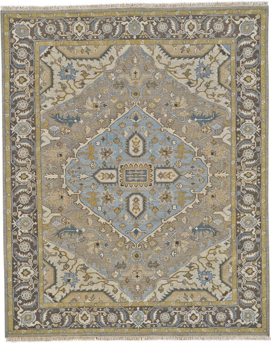 6' X 9' Blue Taupe and Tan Wool Oriental Hand Knotted Area Rug