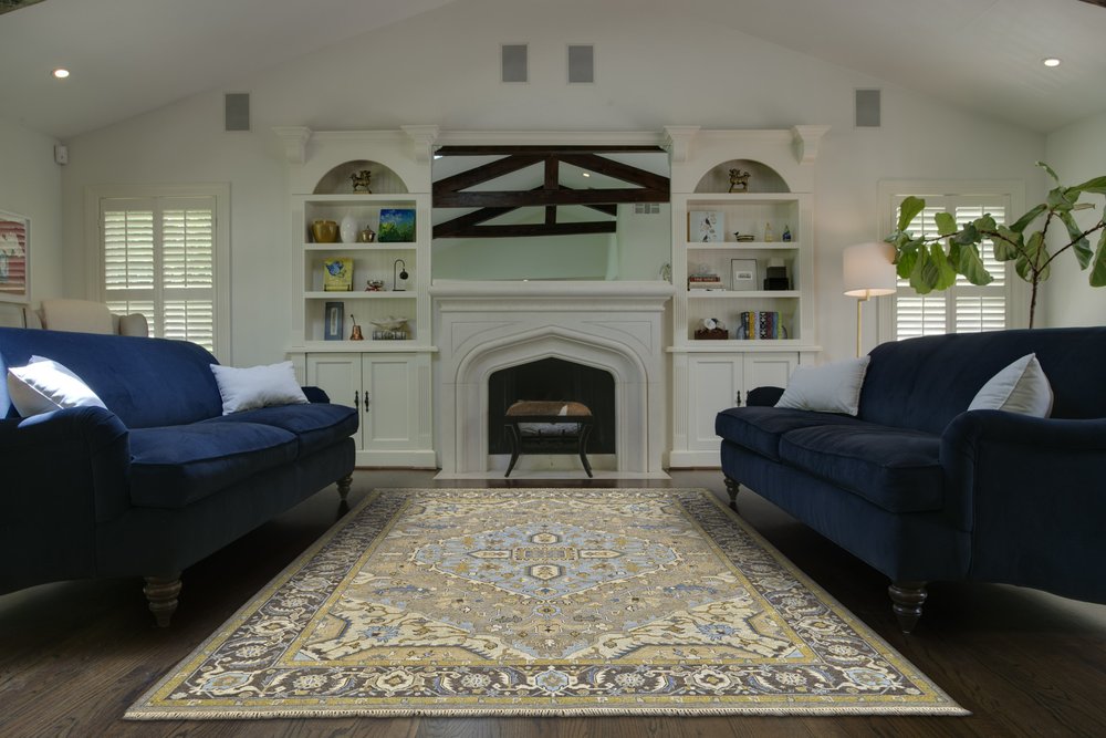6' X 9' Blue Taupe and Tan Wool Oriental Hand Knotted Area Rug