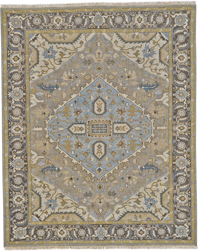 6' X 9' Blue Taupe and Tan Wool Oriental Hand Knotted Area Rug