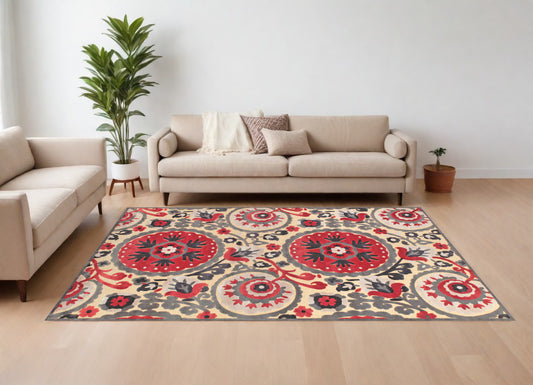 8' X 11' Tan Red and Taupe Paisley Power Loom Area Rug