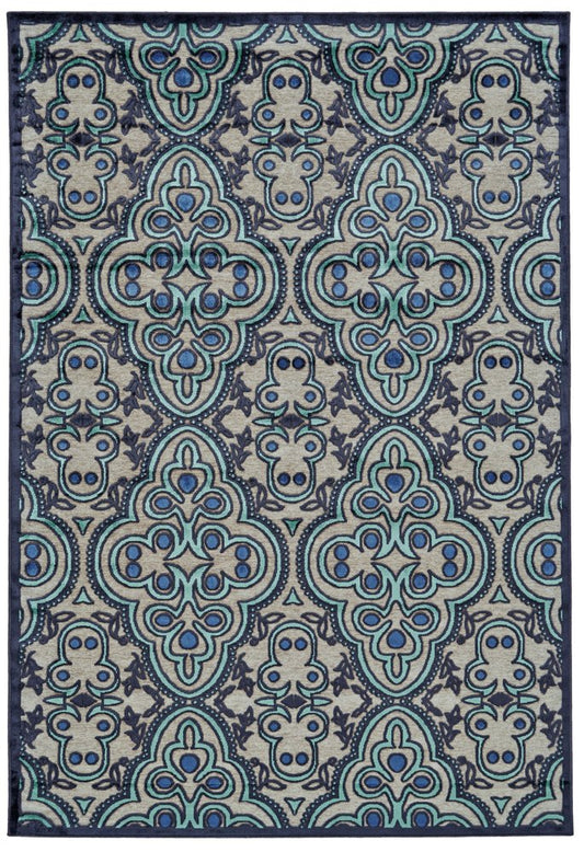 8' X 11' Tan Blue and Taupe Damask Power Loom Area Rug