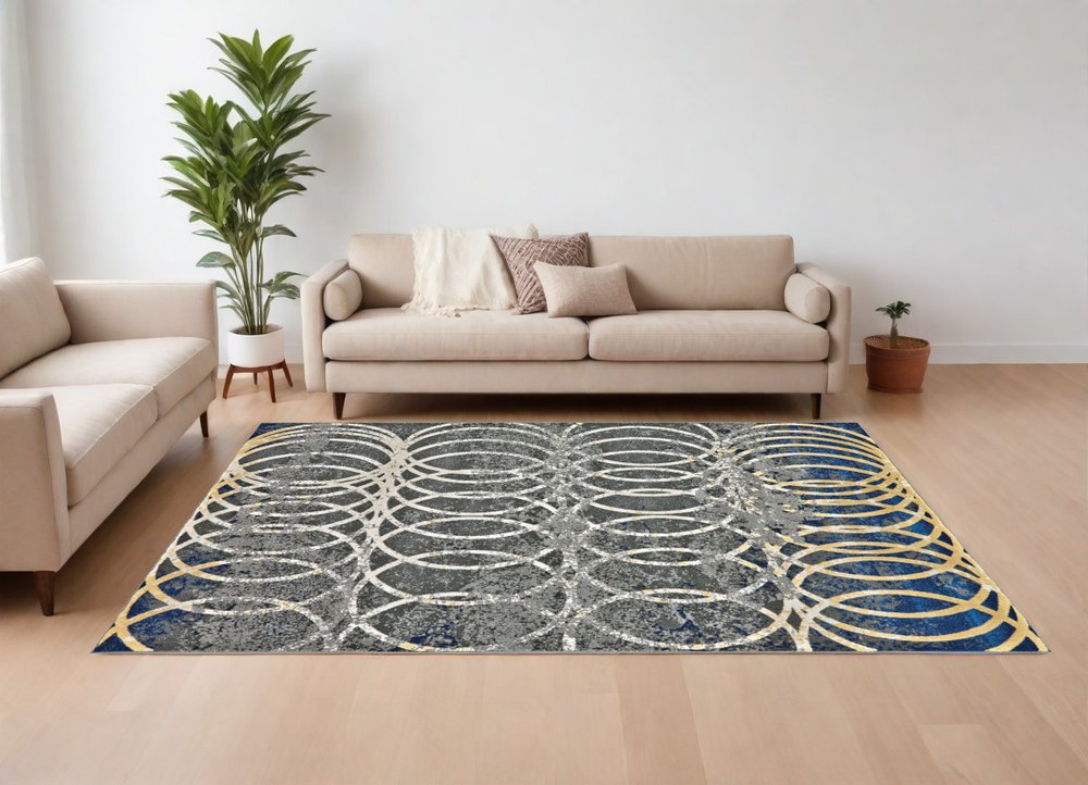 10' X 13' Gray Ivory and Blue Geometric Power Loom Worn Faded Area Rug
