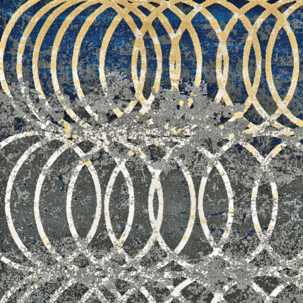 10' X 13' Gray Ivory and Blue Geometric Power Loom Worn Faded Area Rug