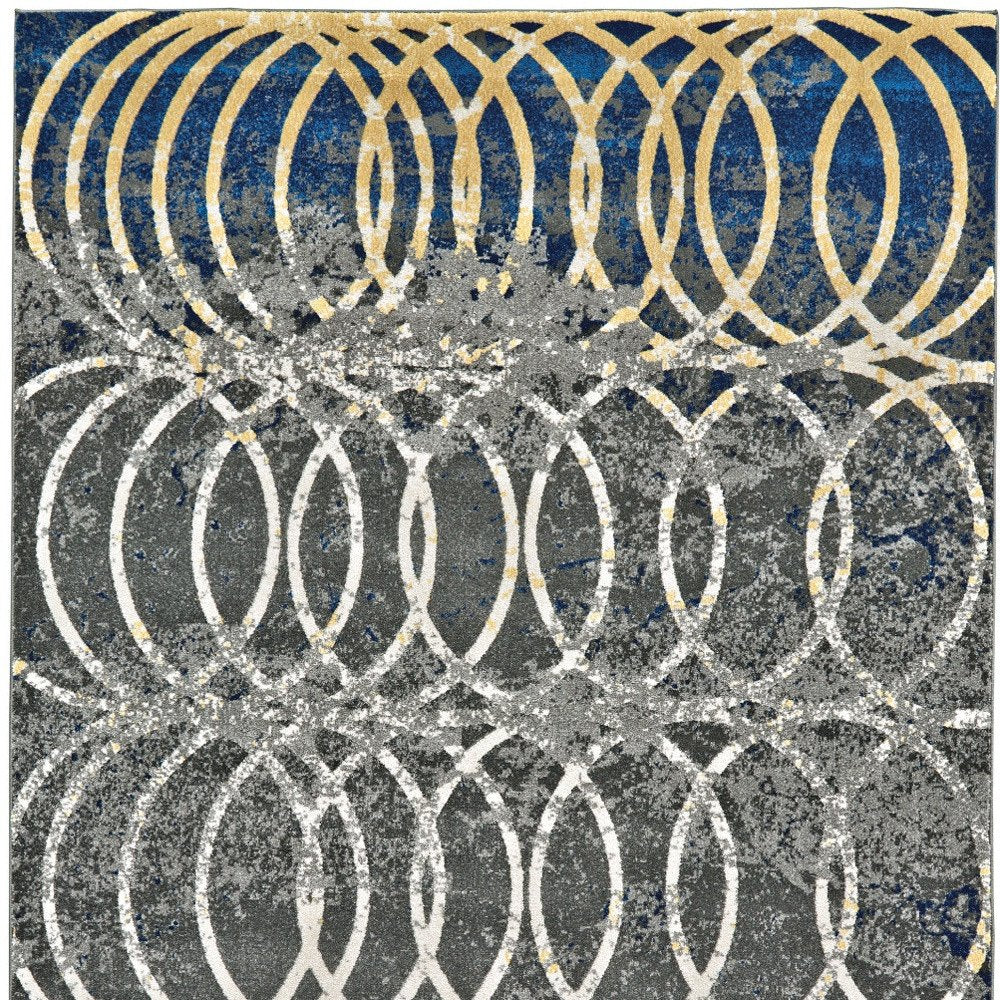 10' X 13' Gray Ivory and Blue Geometric Power Loom Worn Faded Area Rug