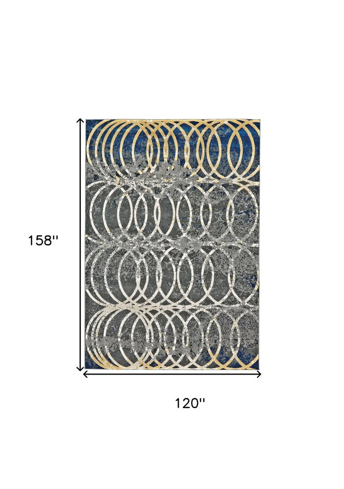 10' X 13' Gray Ivory and Blue Geometric Power Loom Worn Faded Area Rug