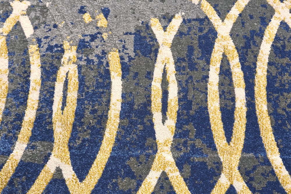 10' X 13' Gray Ivory and Blue Geometric Power Loom Worn Faded Area Rug