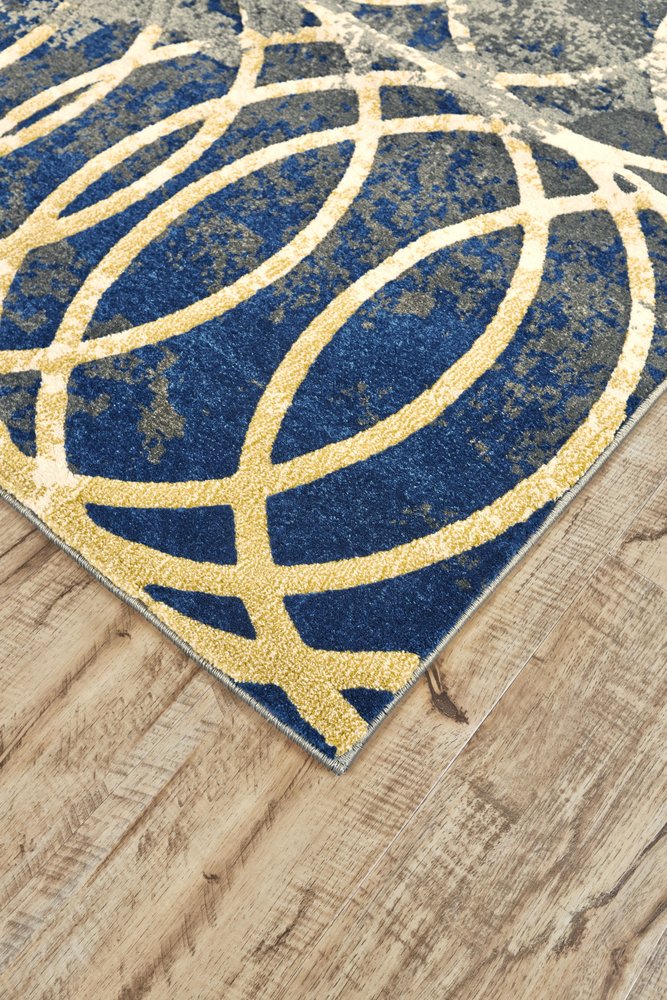 10' X 13' Gray Ivory and Blue Geometric Power Loom Worn Faded Area Rug