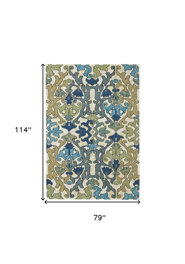 7' X 10' Green Gray and Tan Floral Power Loom Area Rug