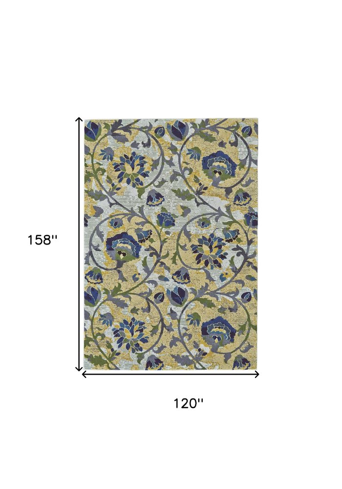 10' X 13' Gold Green and Ivory Floral Power Loom Area Rug