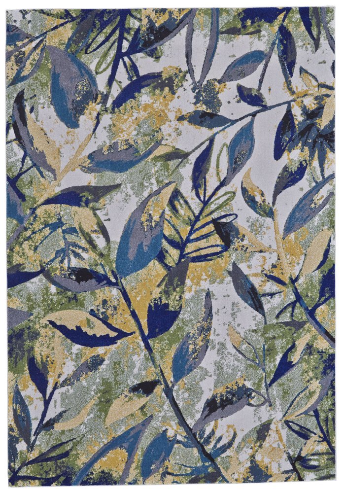 10' X 13' Green Blue and Ivory Floral Power Loom Worn Faded Area Rug