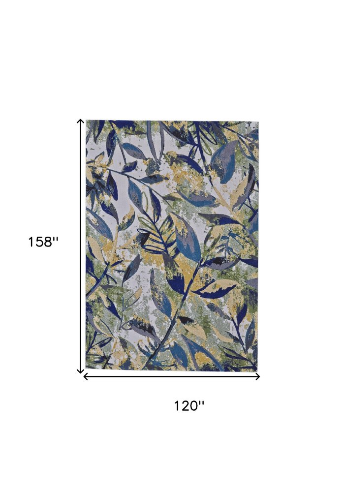 10' X 13' Green Blue and Ivory Floral Power Loom Worn Faded Area Rug