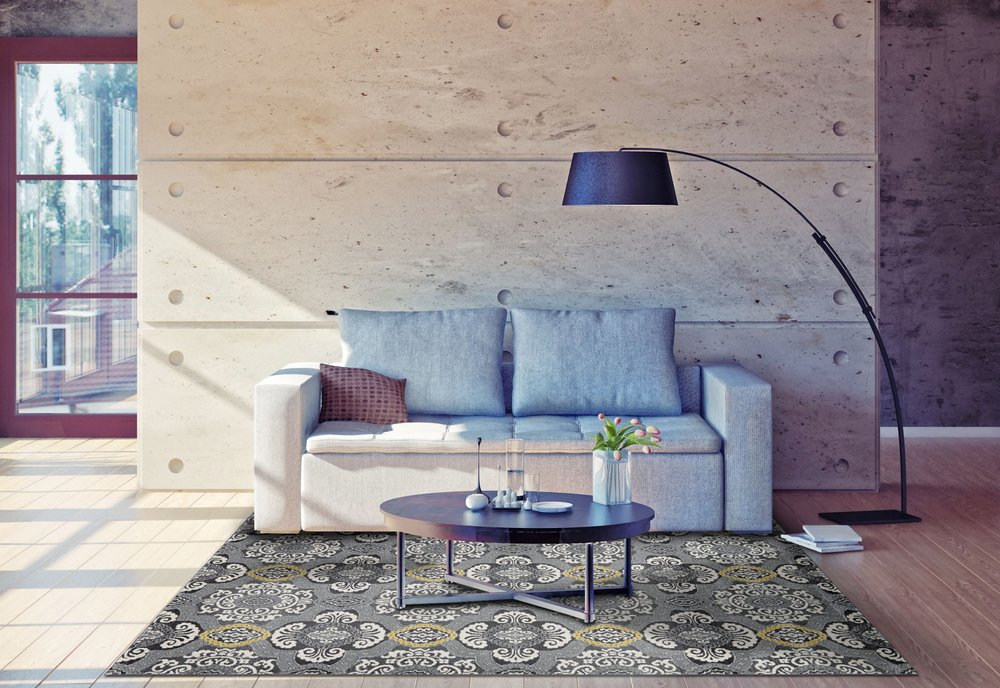 10' X 13' Gray Ivory and Yellow Damask Power Loom Area Rug