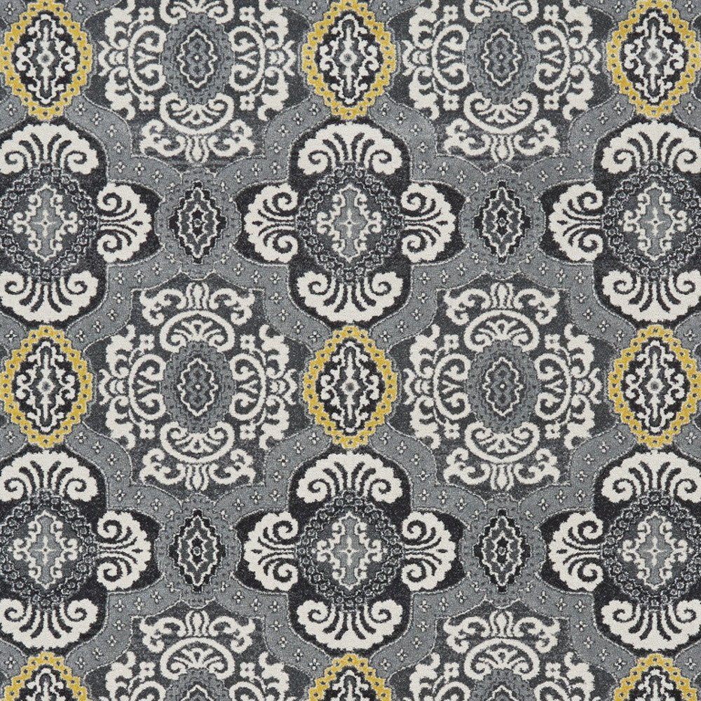 10' X 13' Gray Ivory and Yellow Damask Power Loom Area Rug