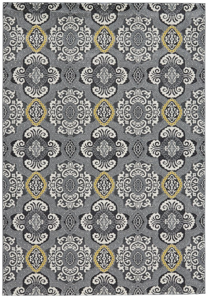 10' X 13' Gray Ivory and Yellow Damask Power Loom Area Rug
