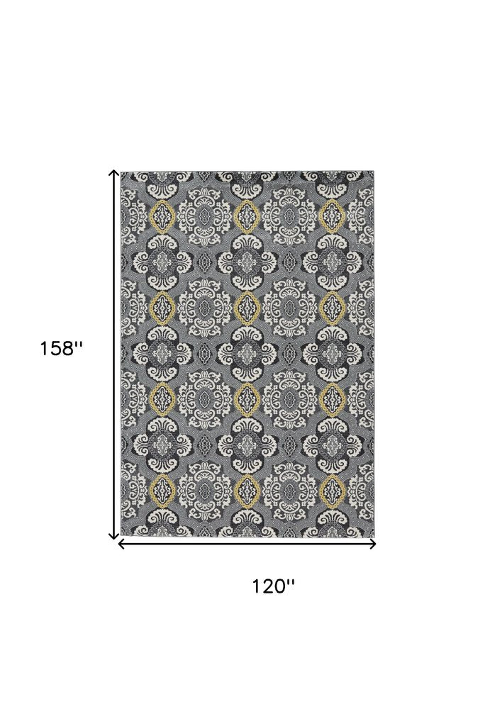 10' X 13' Gray Ivory and Yellow Damask Power Loom Area Rug