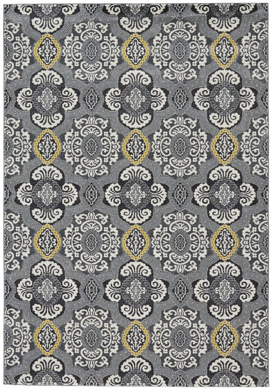 10' X 13' Gray Ivory and Yellow Damask Power Loom Area Rug