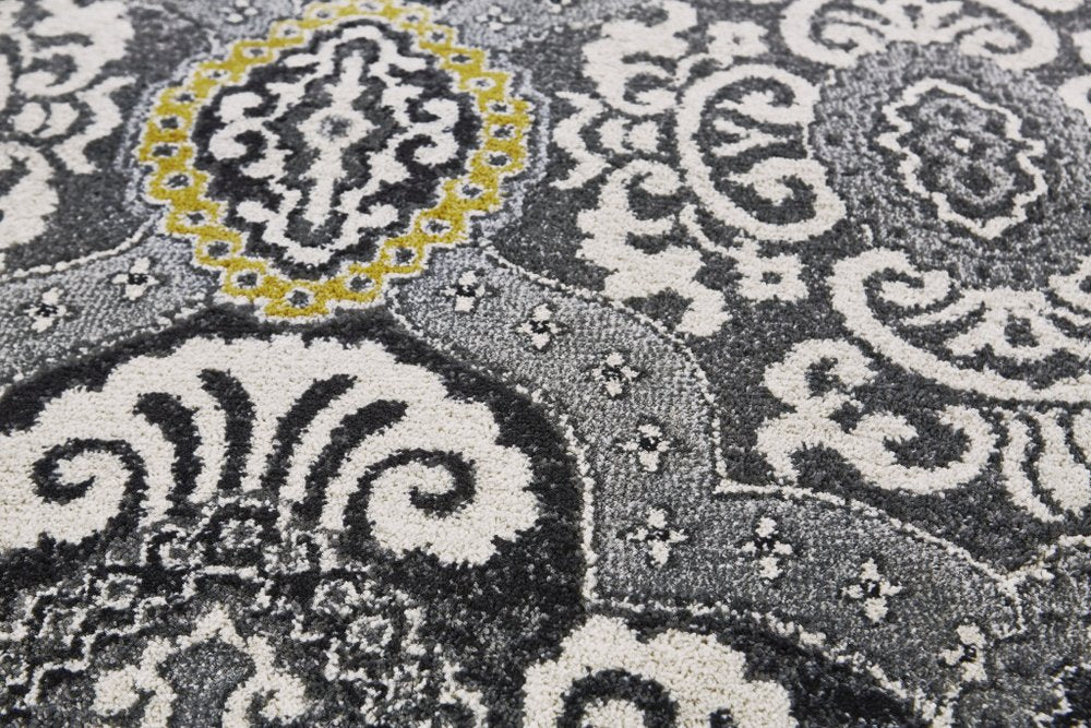 10' X 13' Gray Ivory and Yellow Damask Power Loom Area Rug