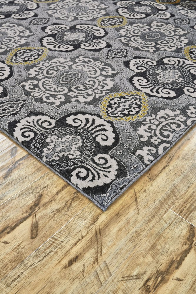 10' X 13' Gray Ivory and Yellow Damask Power Loom Area Rug