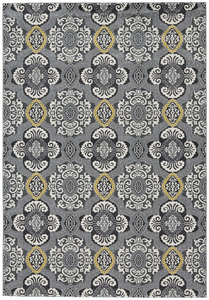 10' X 13' Gray Ivory and Yellow Damask Power Loom Area Rug