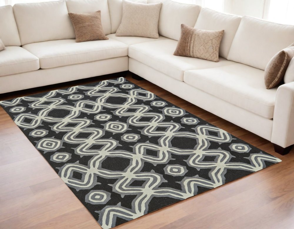 5' X 8' Black Gray and Ivory Wool Abstract Hand Tufted Area Rug