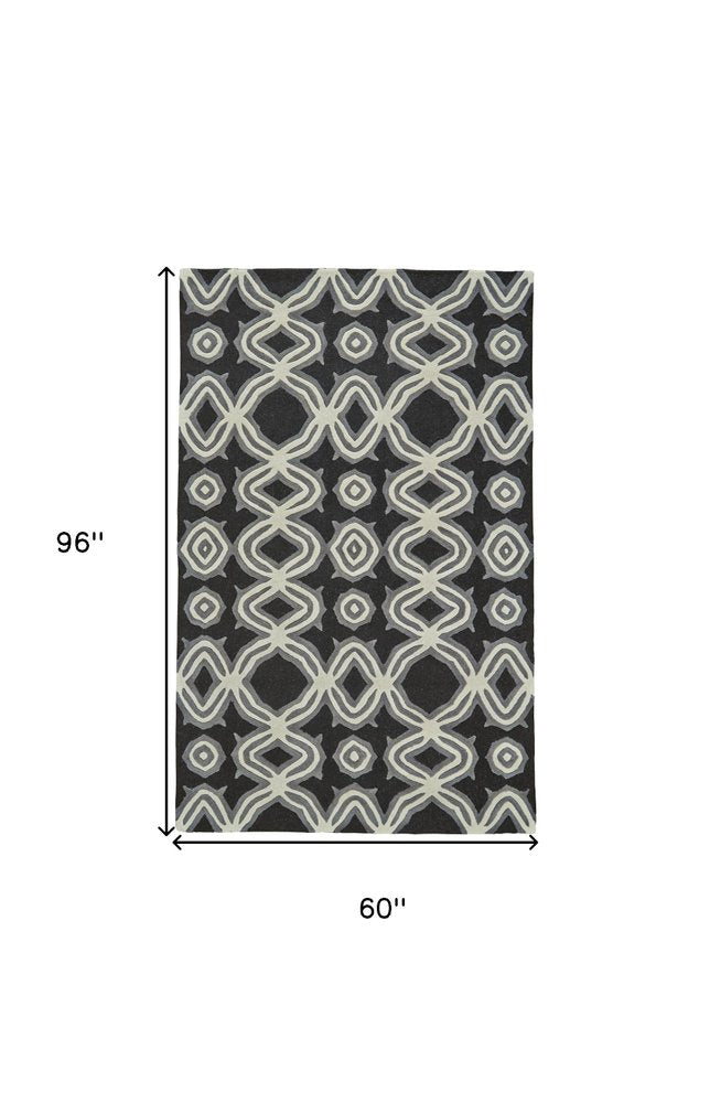 5' X 8' Black Gray and Ivory Wool Abstract Hand Tufted Area Rug
