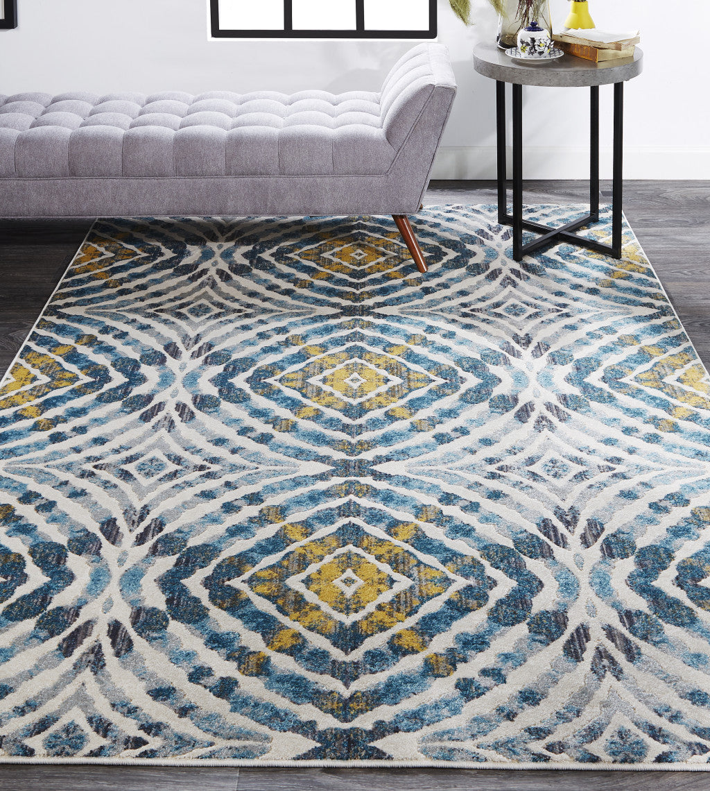 7' X 10' Blue Ivory and Yellow Abstract Power Loom Area Rug