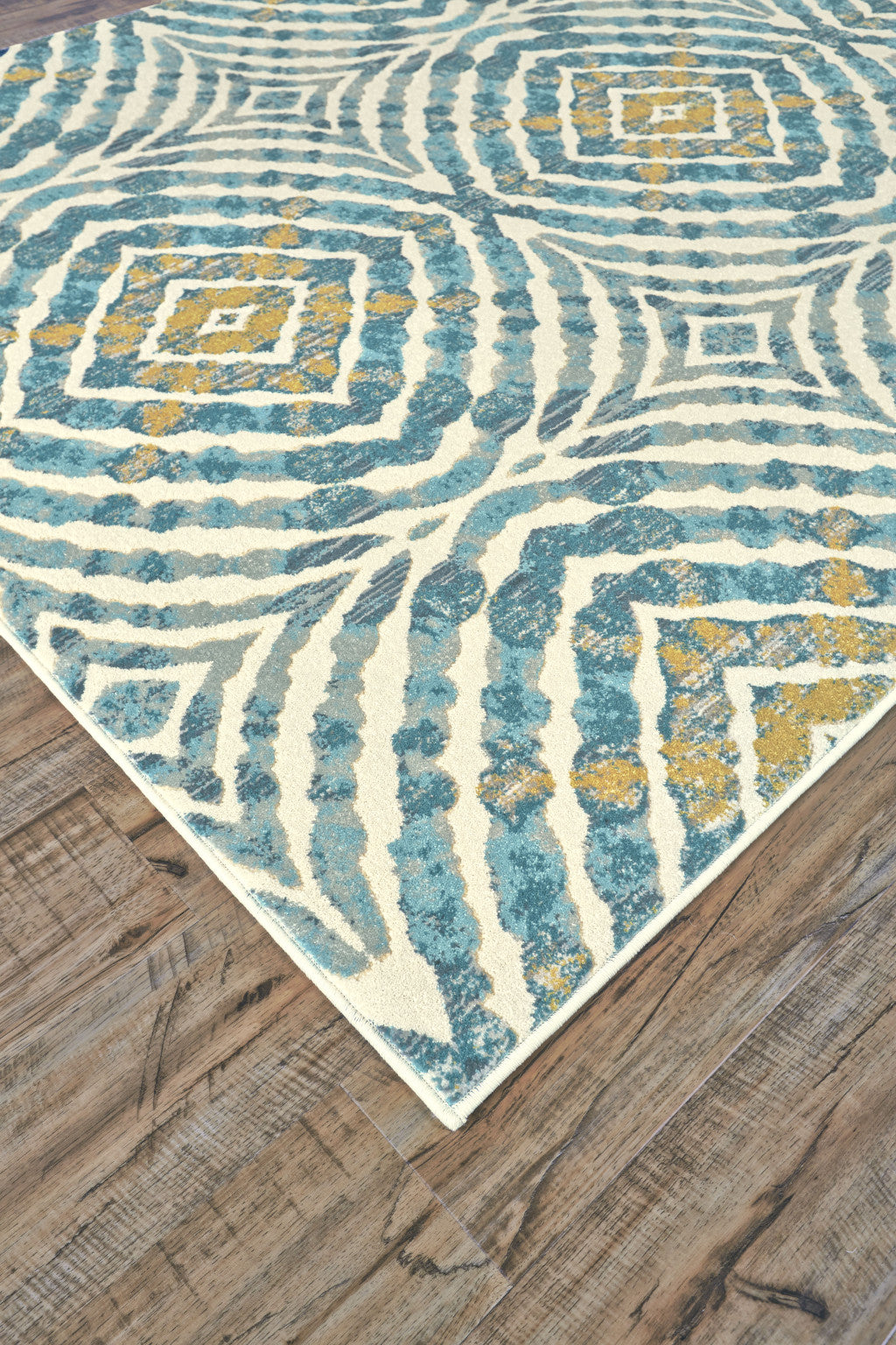 7' X 10' Blue Ivory and Yellow Abstract Power Loom Area Rug