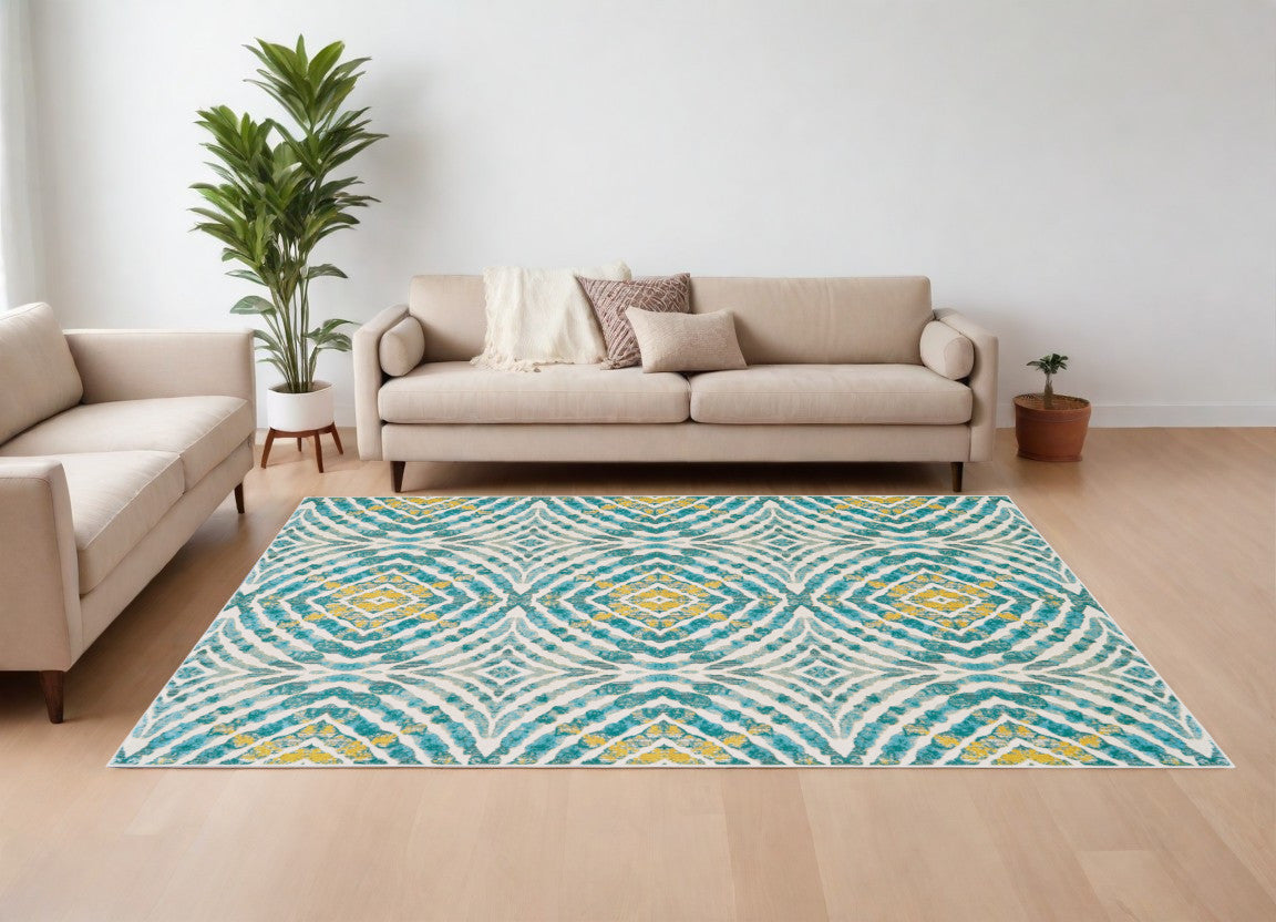 7' X 10' Blue Ivory and Yellow Abstract Power Loom Area Rug