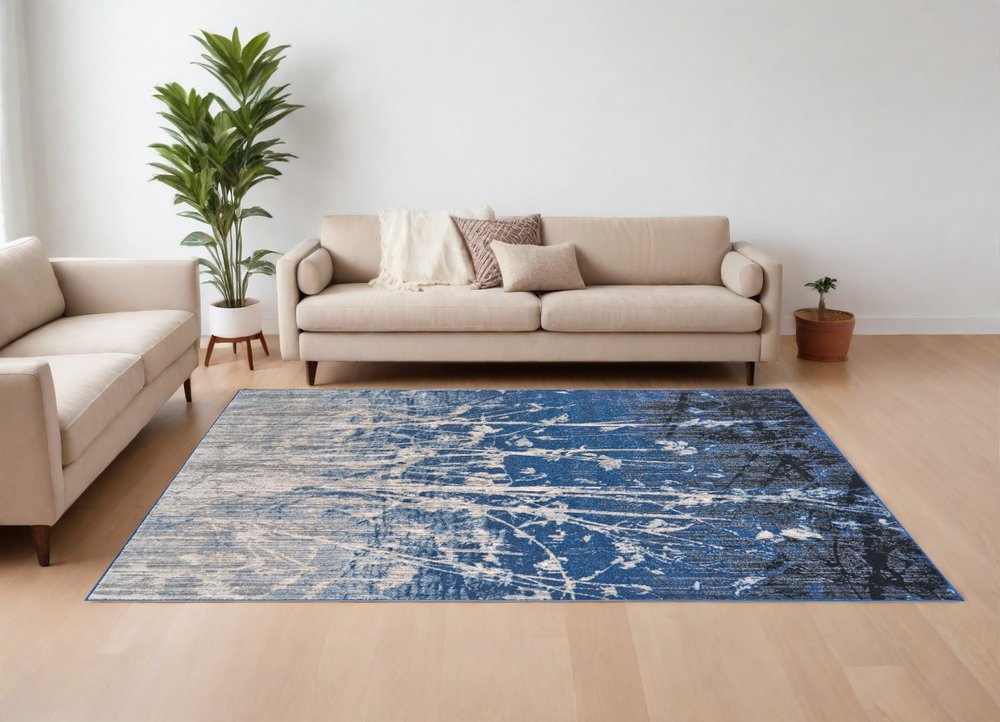 10' X 14' Gray Black and Blue Abstract Power Loom Worn Faded Area Rug