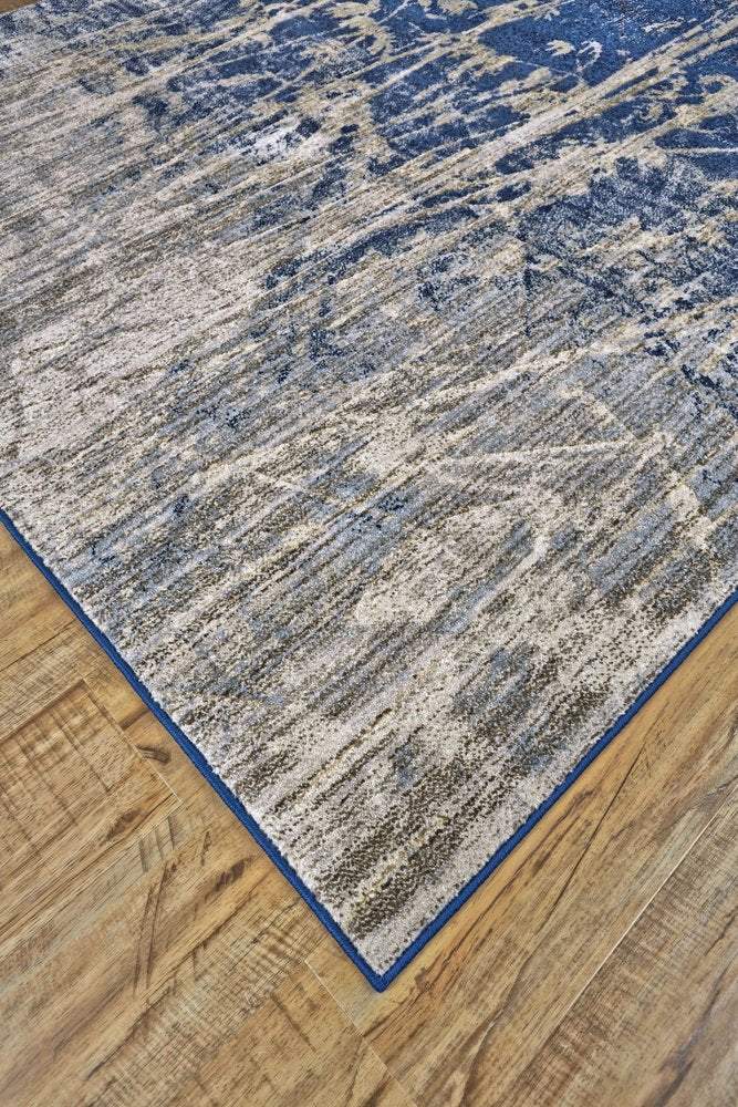10' X 14' Gray Black and Blue Abstract Power Loom Worn Faded Area Rug