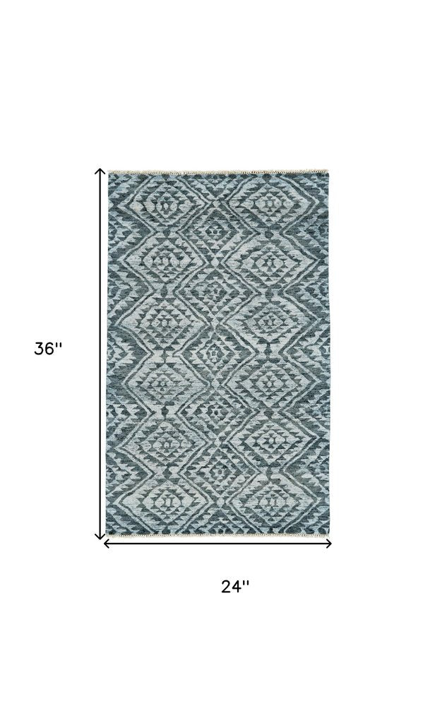 2' X 3' Gray and Blue Wool Southwestern Hand Knotted Area Rug
